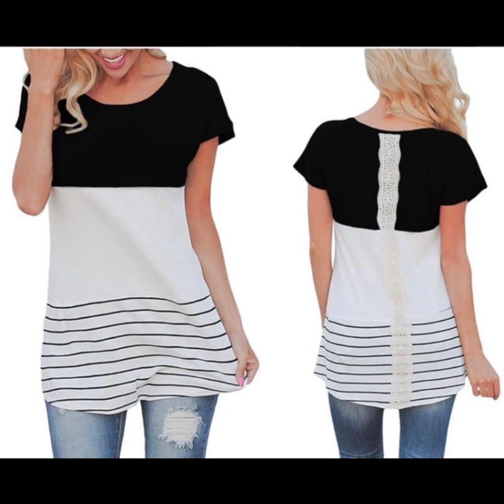 STRIPED & LACE BLACK & WHITE TUNIC TEE XL NWT - Picture 1 of 4